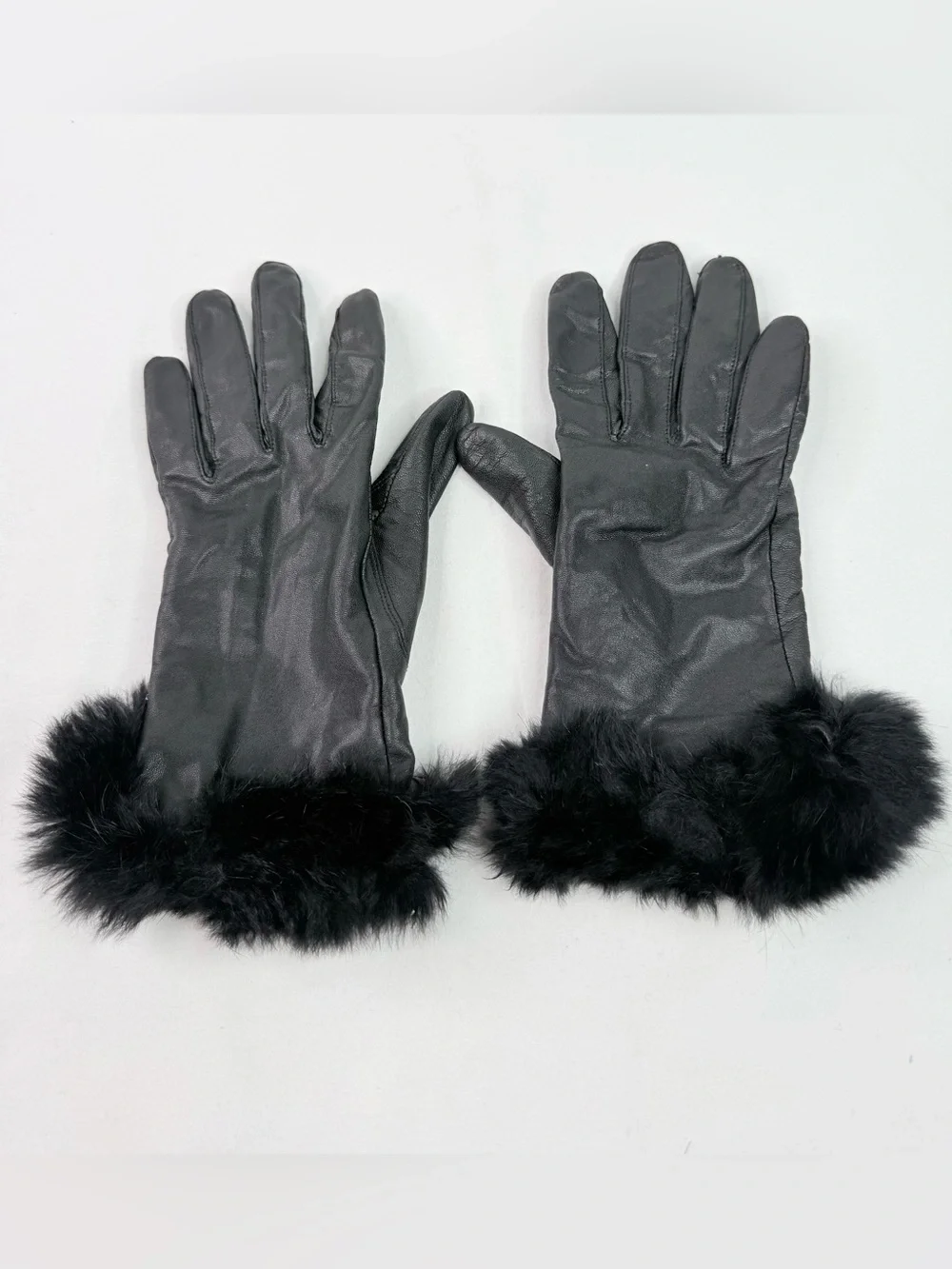 Vintage Black Goat Skin Leather Rabbit Fur Trim Gloves Size Medium/Large